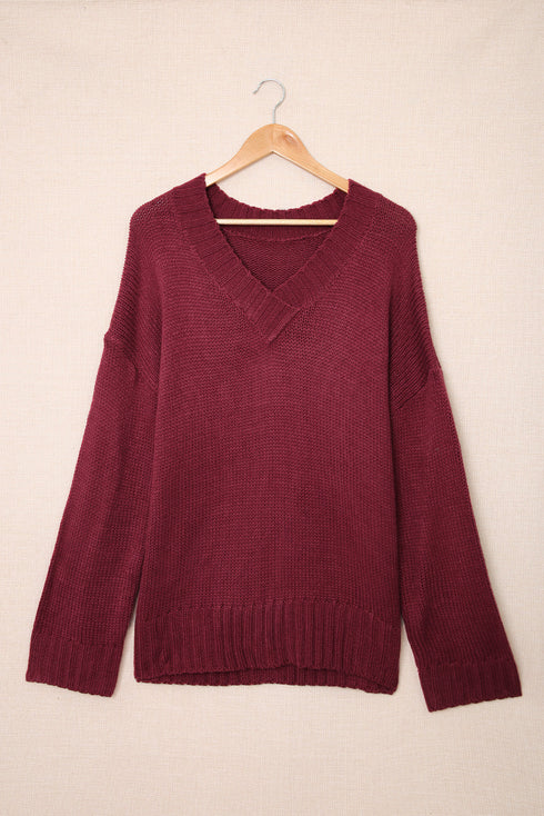 V Neck Drop Shoulder Knitted Sweater